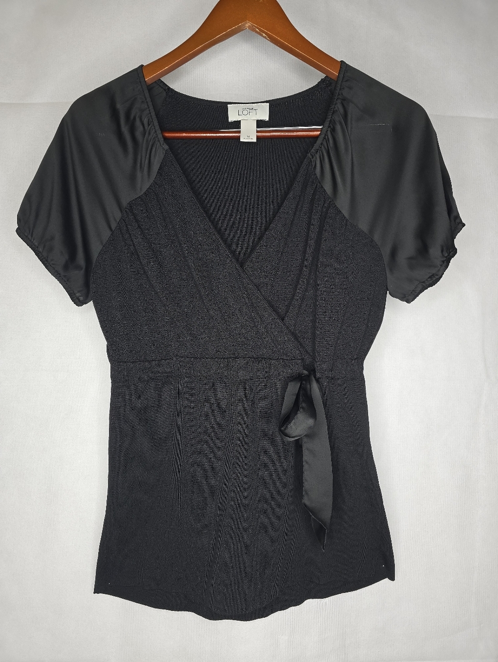 LOFT Black Wrap Top Satin Short Sleeve V-neck Tie Waist Knit Blouse M